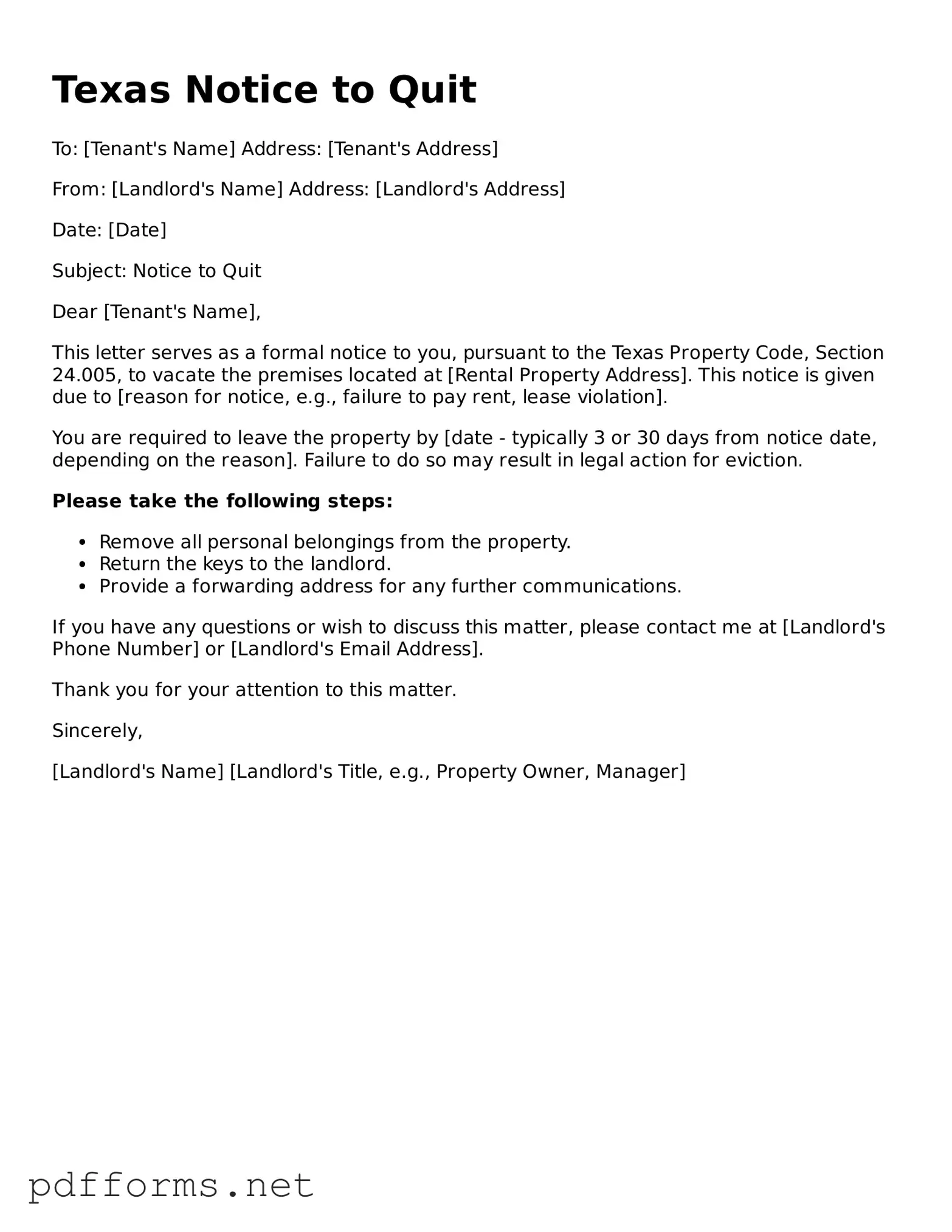 Free  Notice to Quit Document for Texas