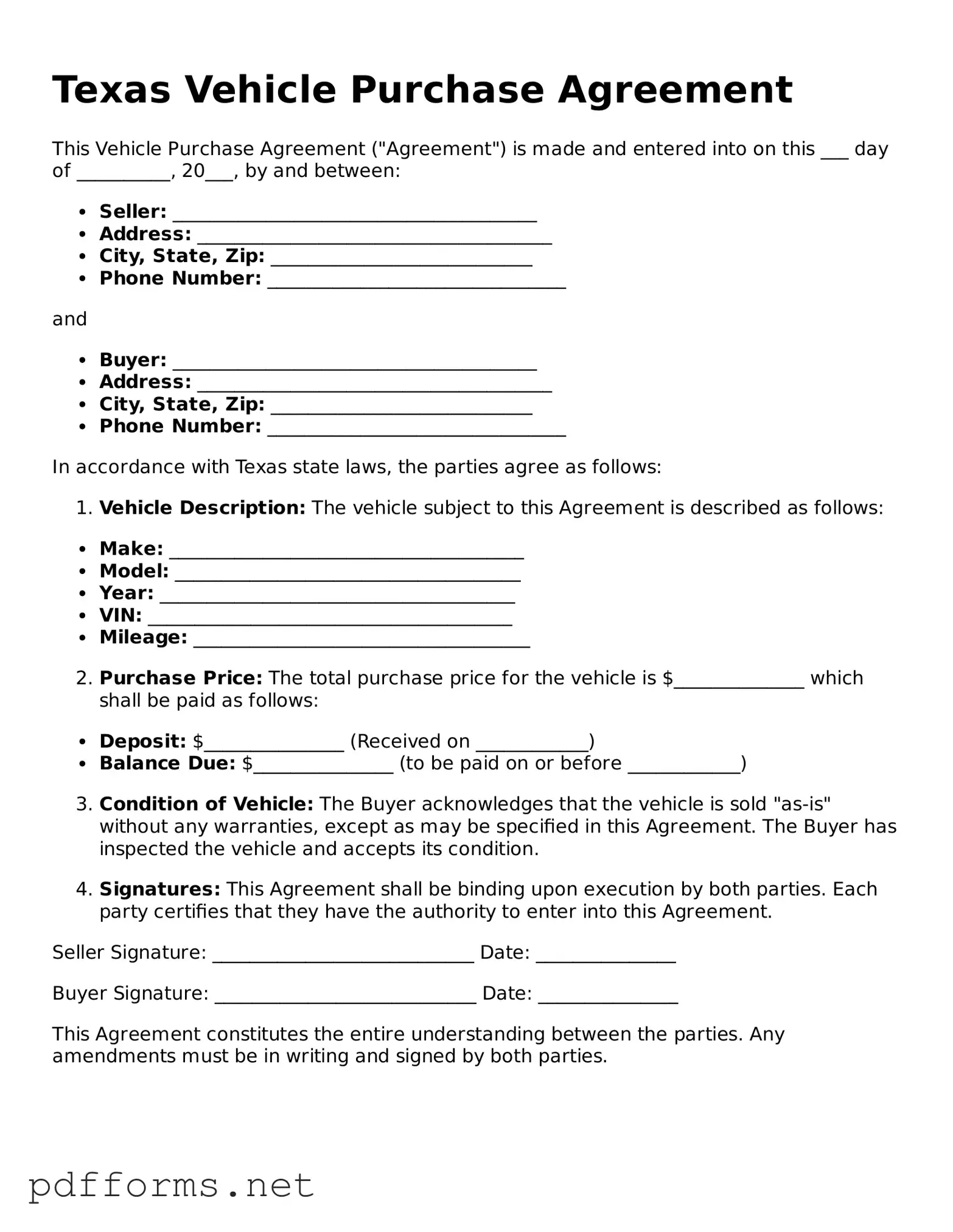 Free  Vehicle Purchase Agreement Document for Texas