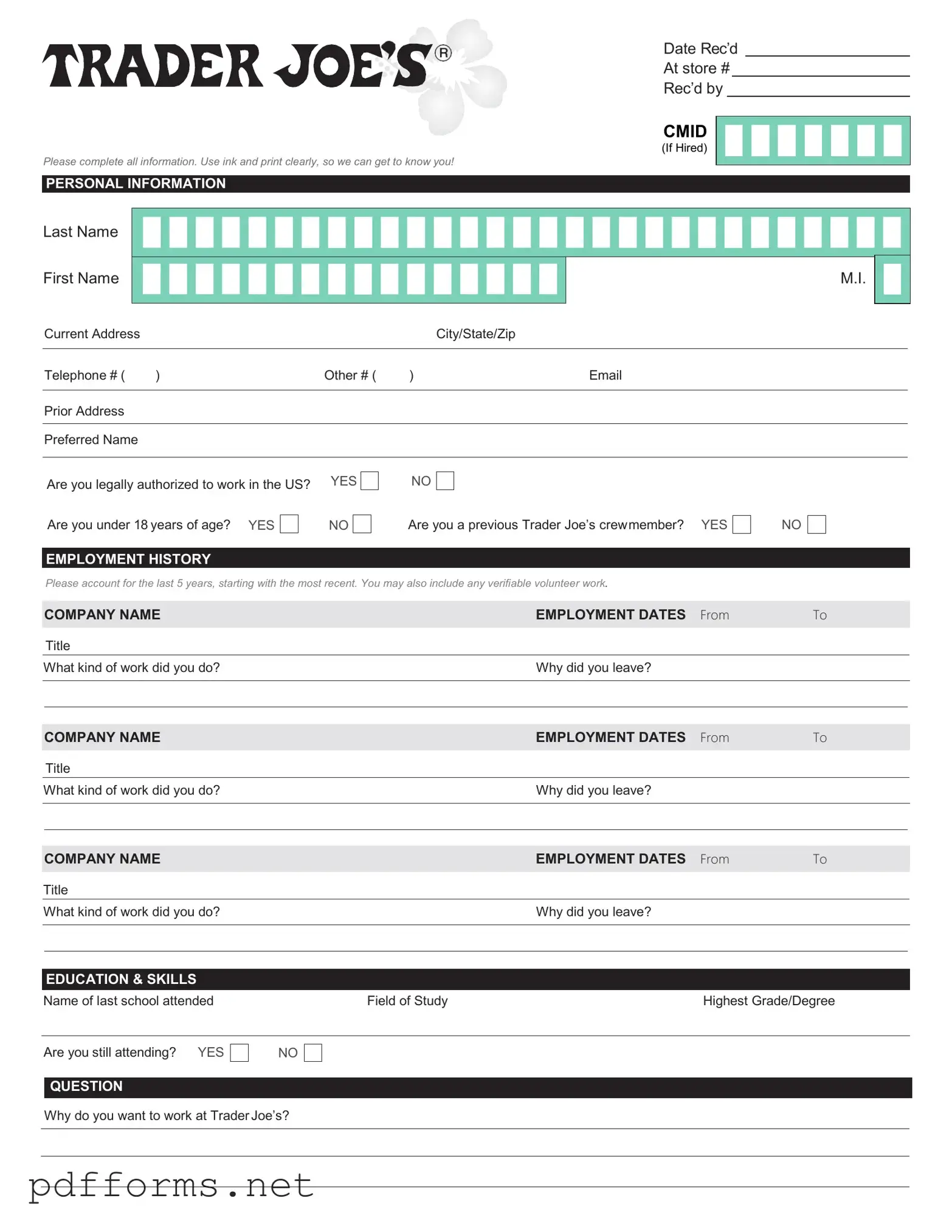 Download Trader Joe's application Template